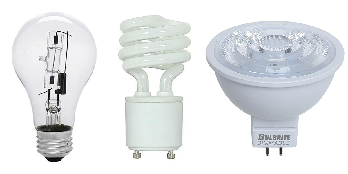 A set of three different kinds of light bulbs.