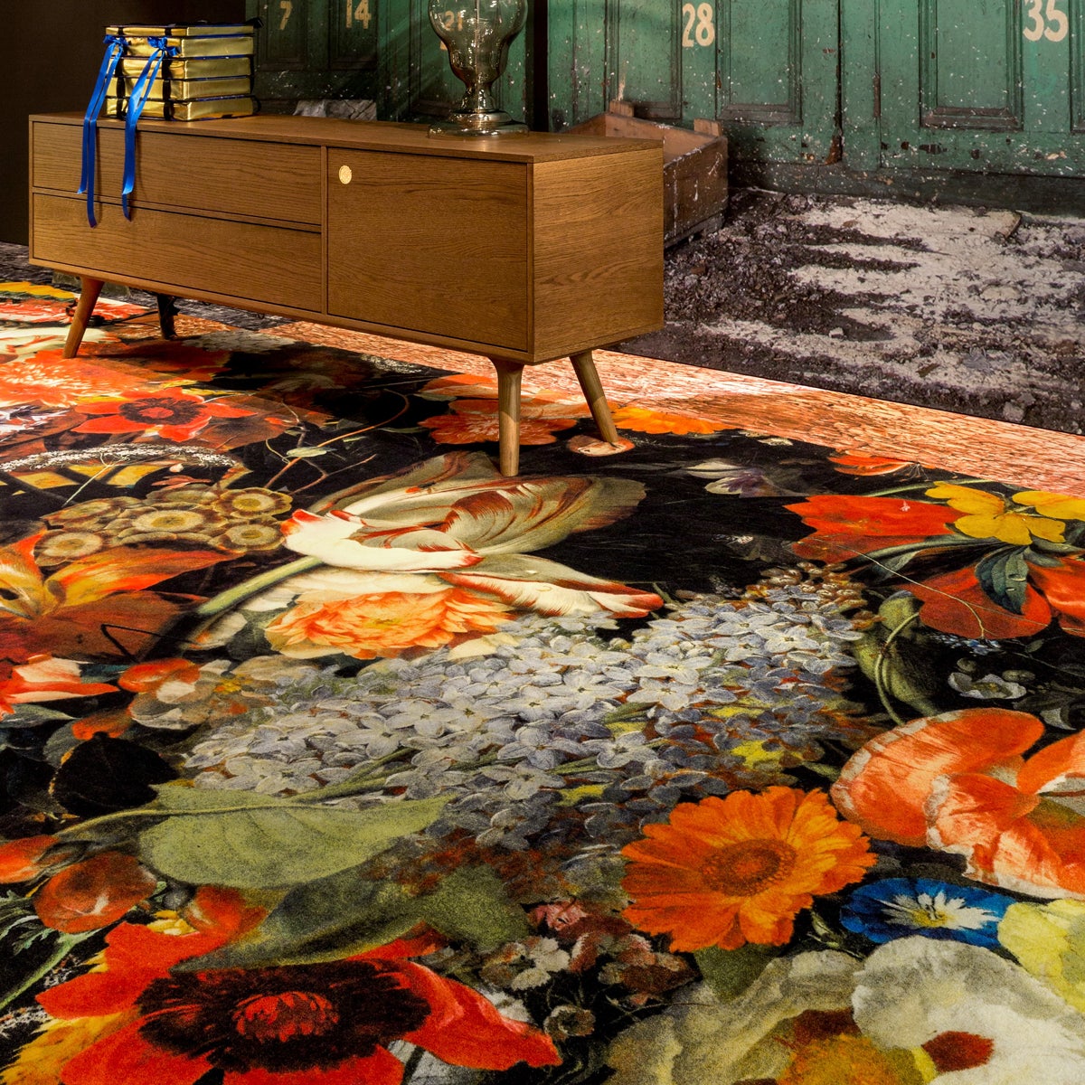 Colorful rug with flowers and wooden console table