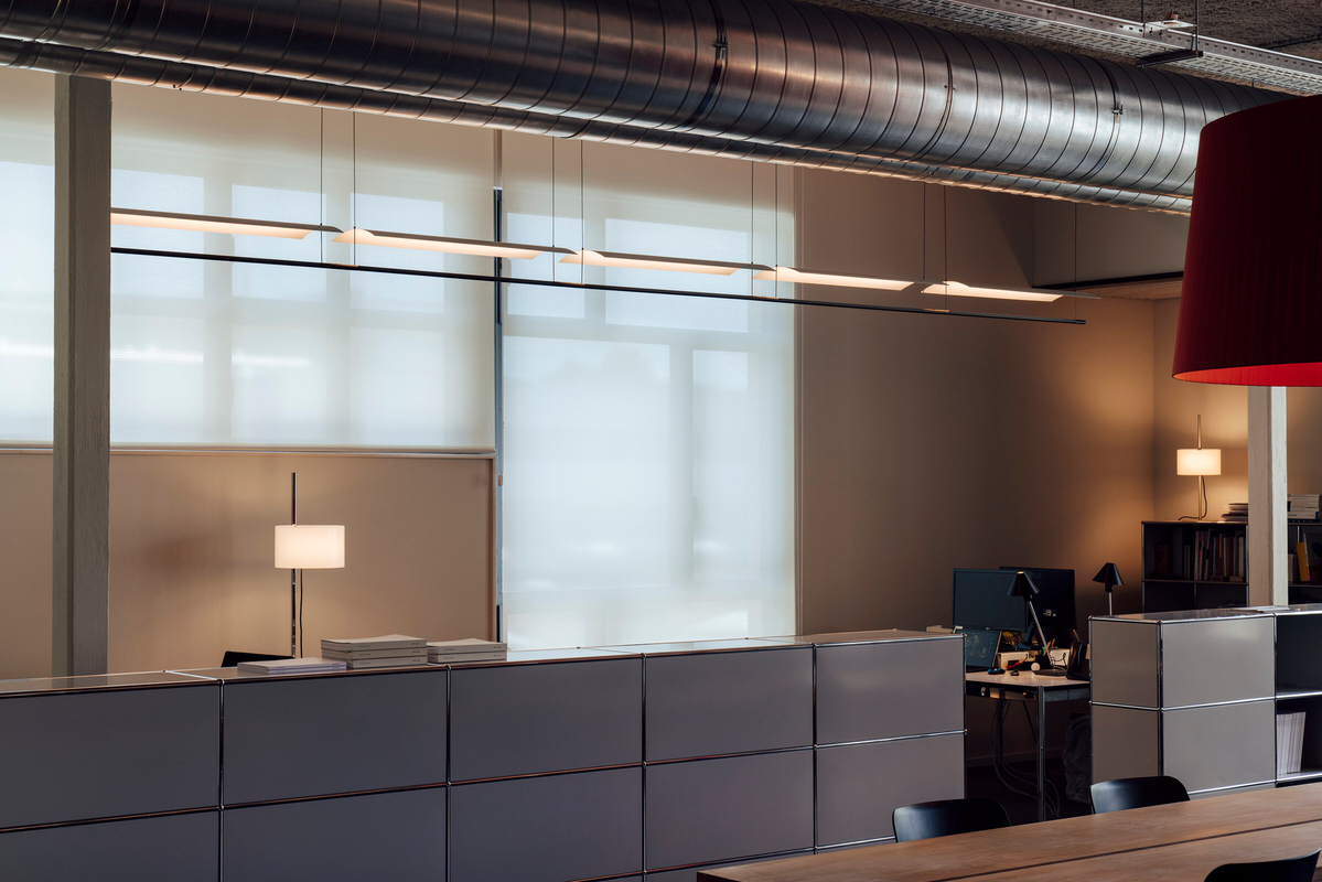 Office setting with intimate lighting.