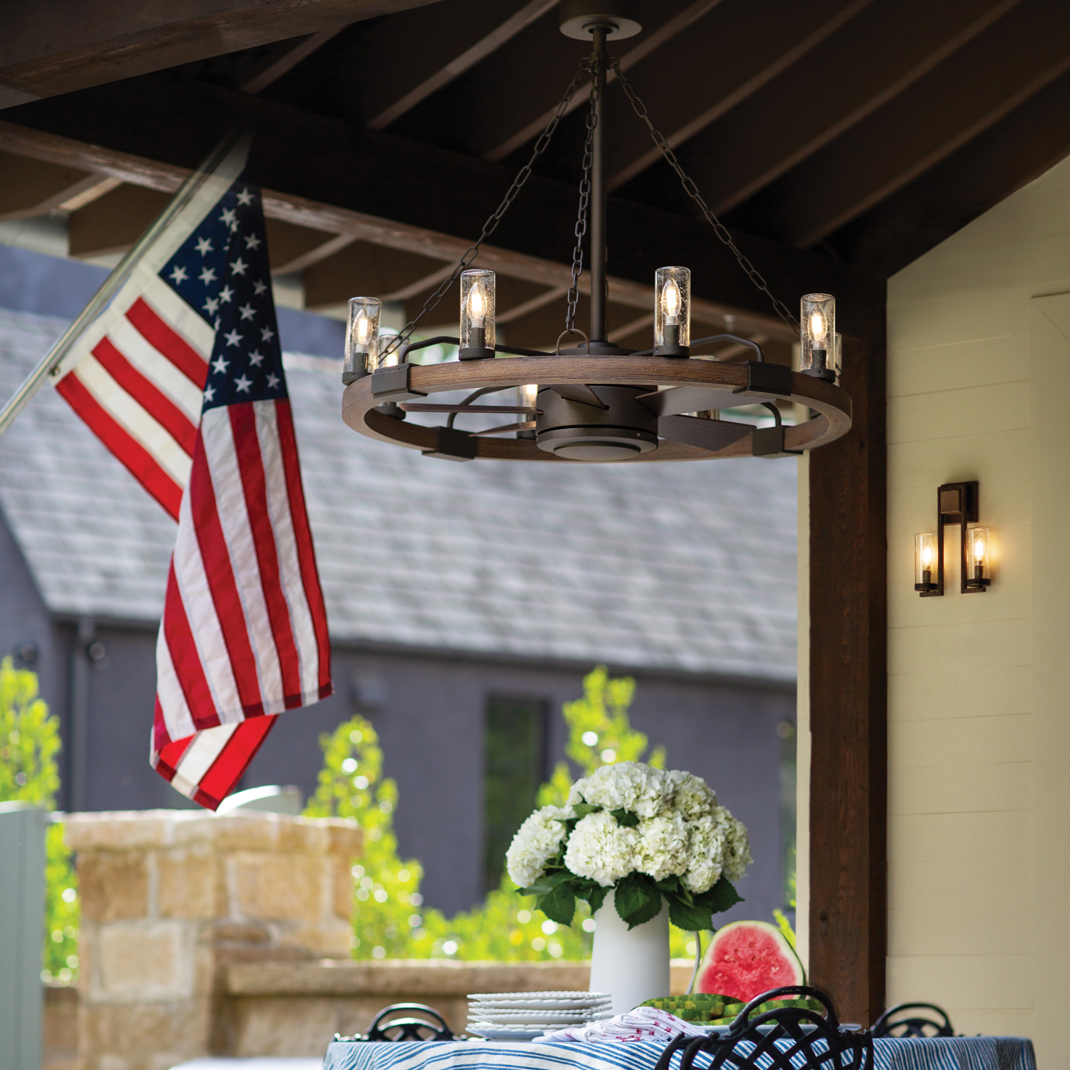 Sawyer Outdoor Chandelier in a patio.