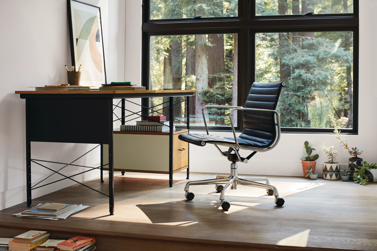 Black office chair in hardwood floored office space