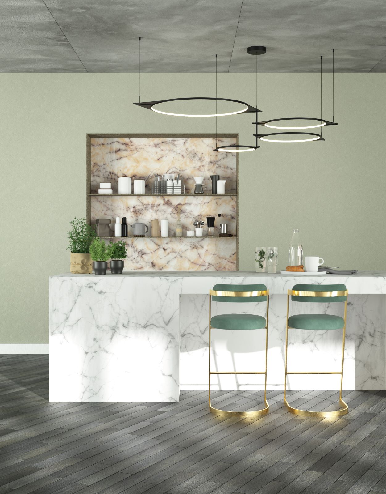 Serif LED Large Chandelier in a smaller kitchen setting.