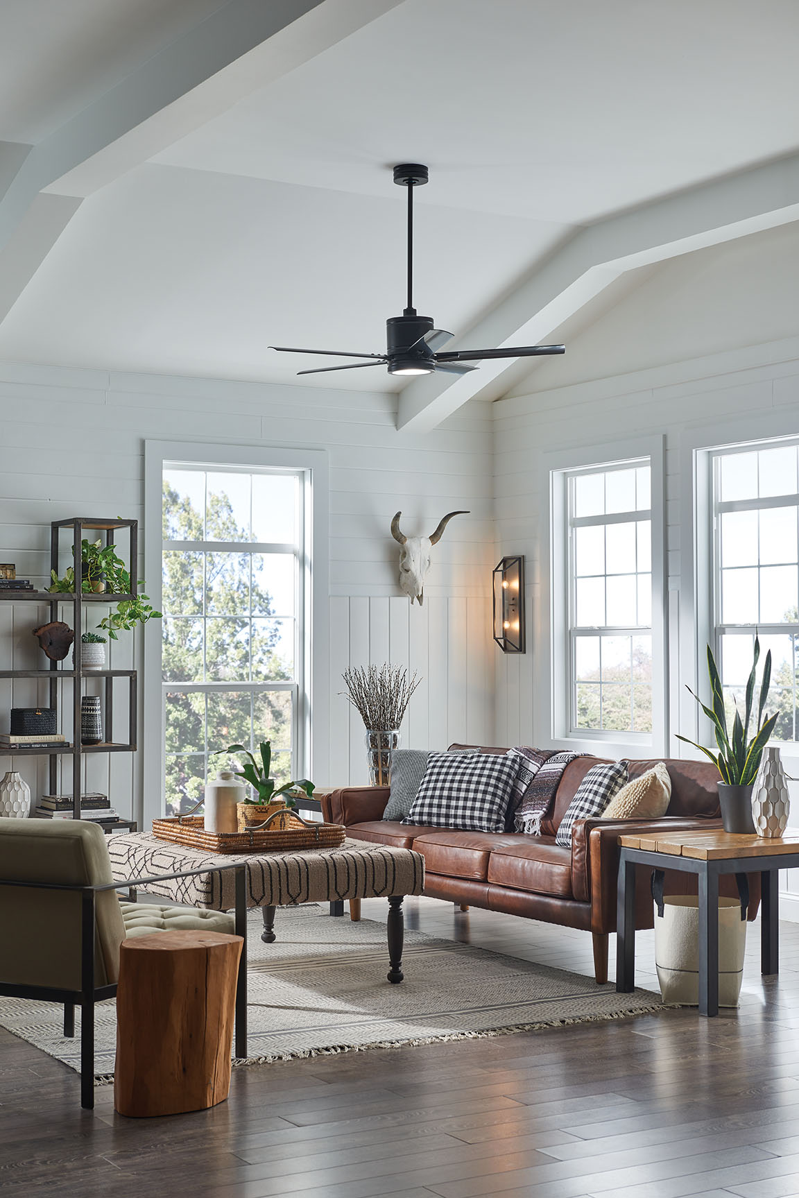 Vail LED Ceiling Fan in a rustic living room.