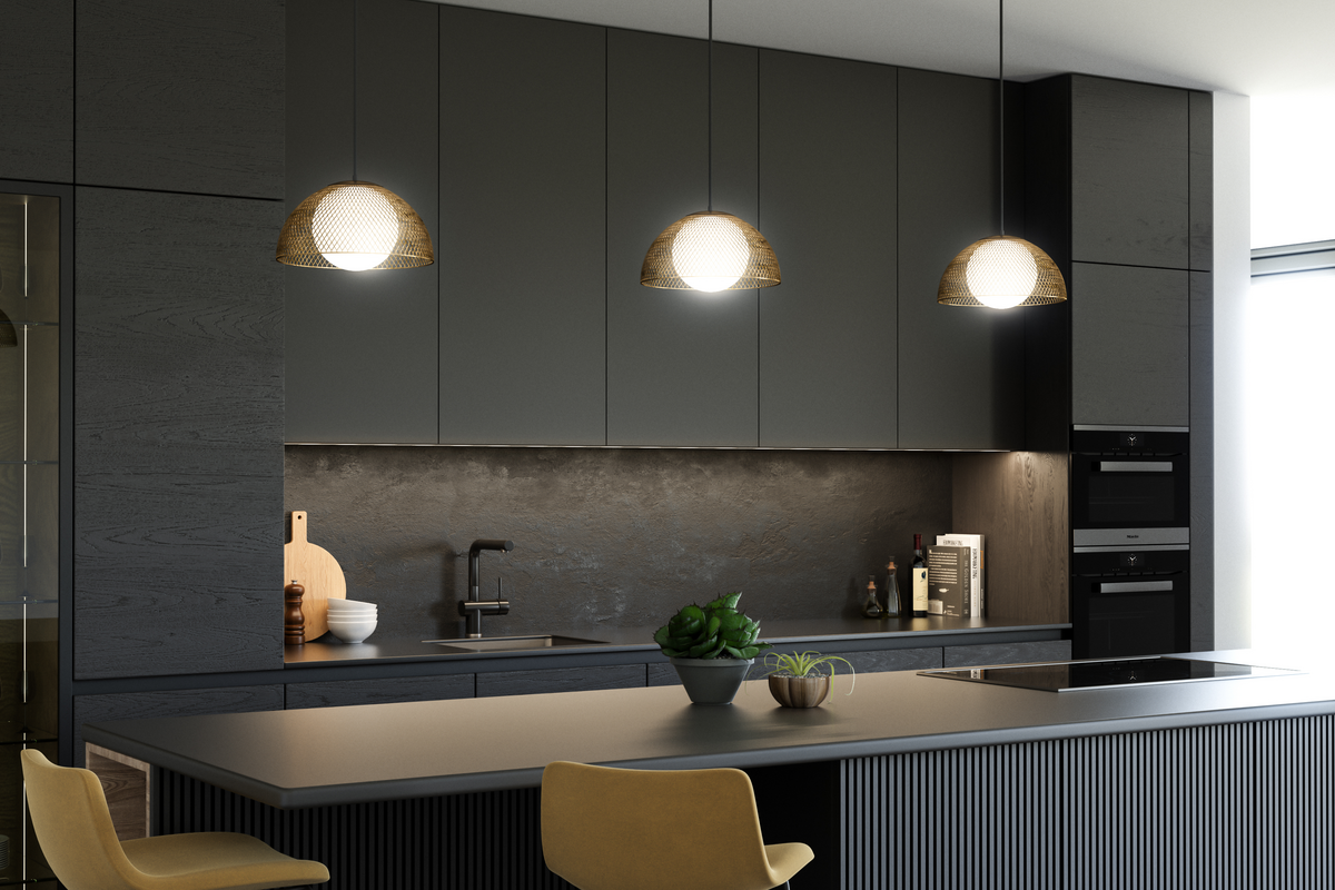 iBar Friends of Hue LED Linear Suspension over a kitchen island.