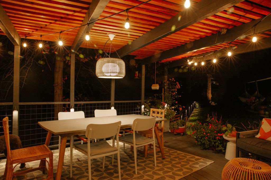 Fora Indoor/Outdoor Pendants and string lights.