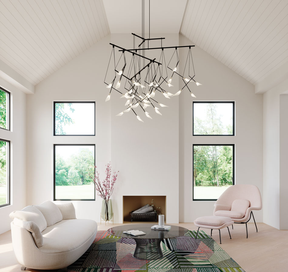 Sonneman Lighting suspender lights in a living room.