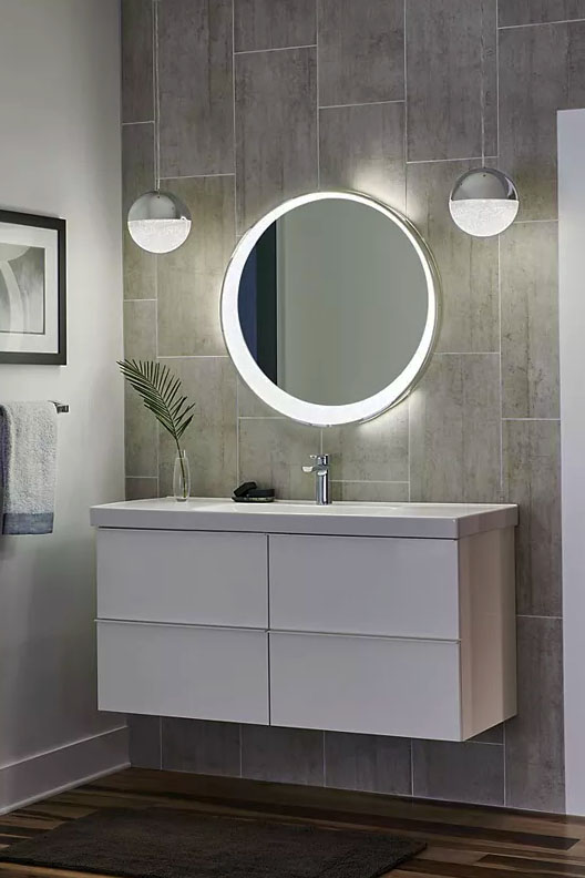 Offset Round LED Lighted Mirror by élan Lighting.