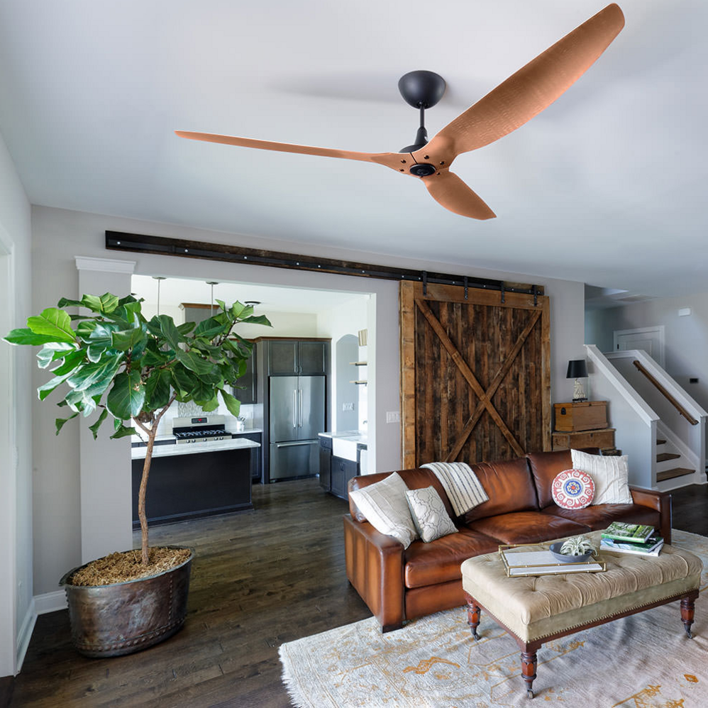 52-Inch Haiku Bamboo Indoor Ceiling Fan in a living room.