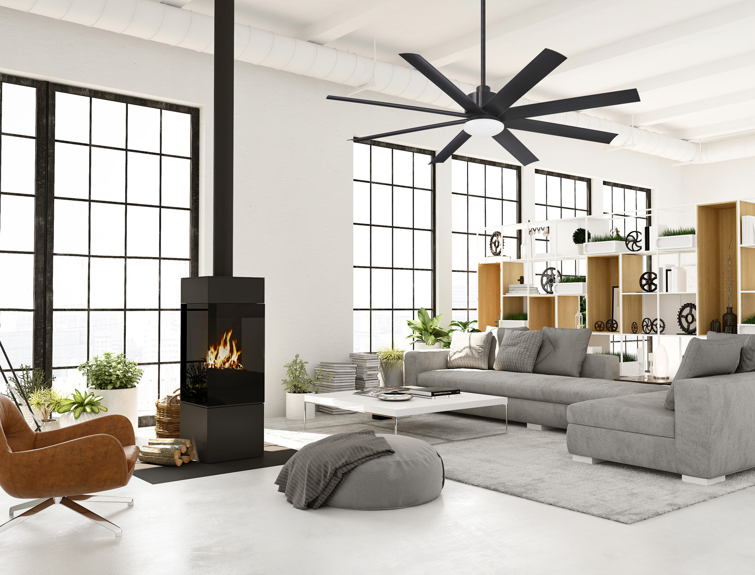 Slipstream LED Ceiling Fan in a living room.