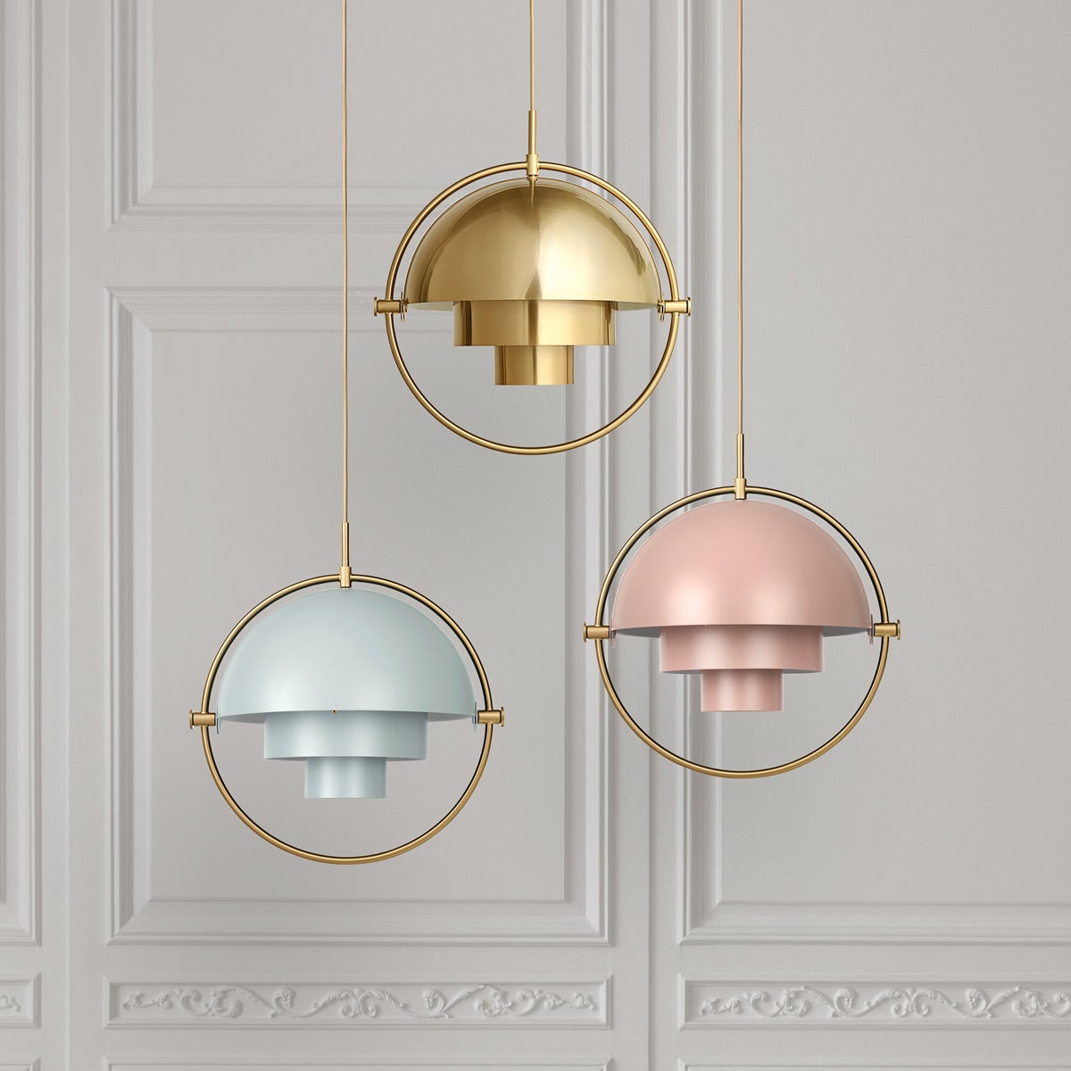 Pink, gold and blue globe-shaped hanging lights
