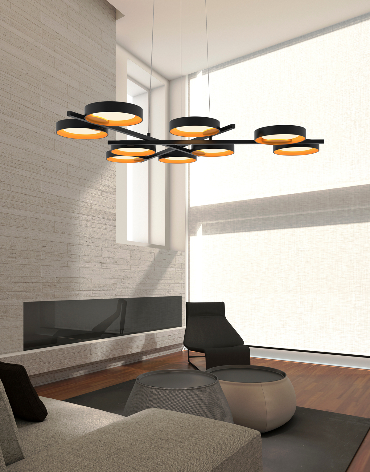 Black fixture with amber colored lighting in modern living room