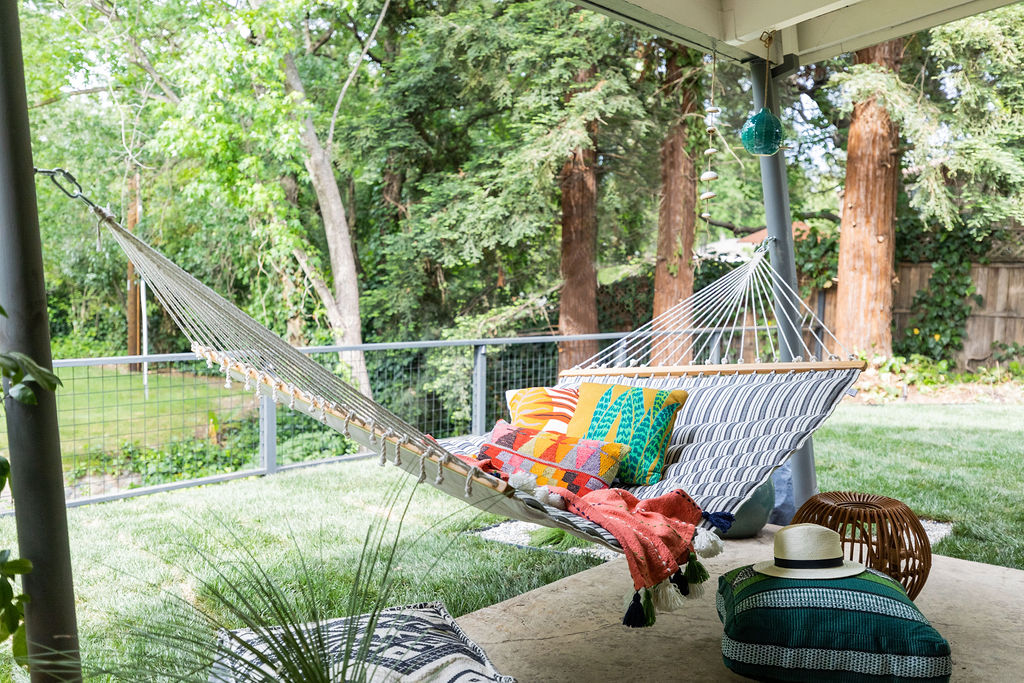 outdoor hammock and throw pillows.