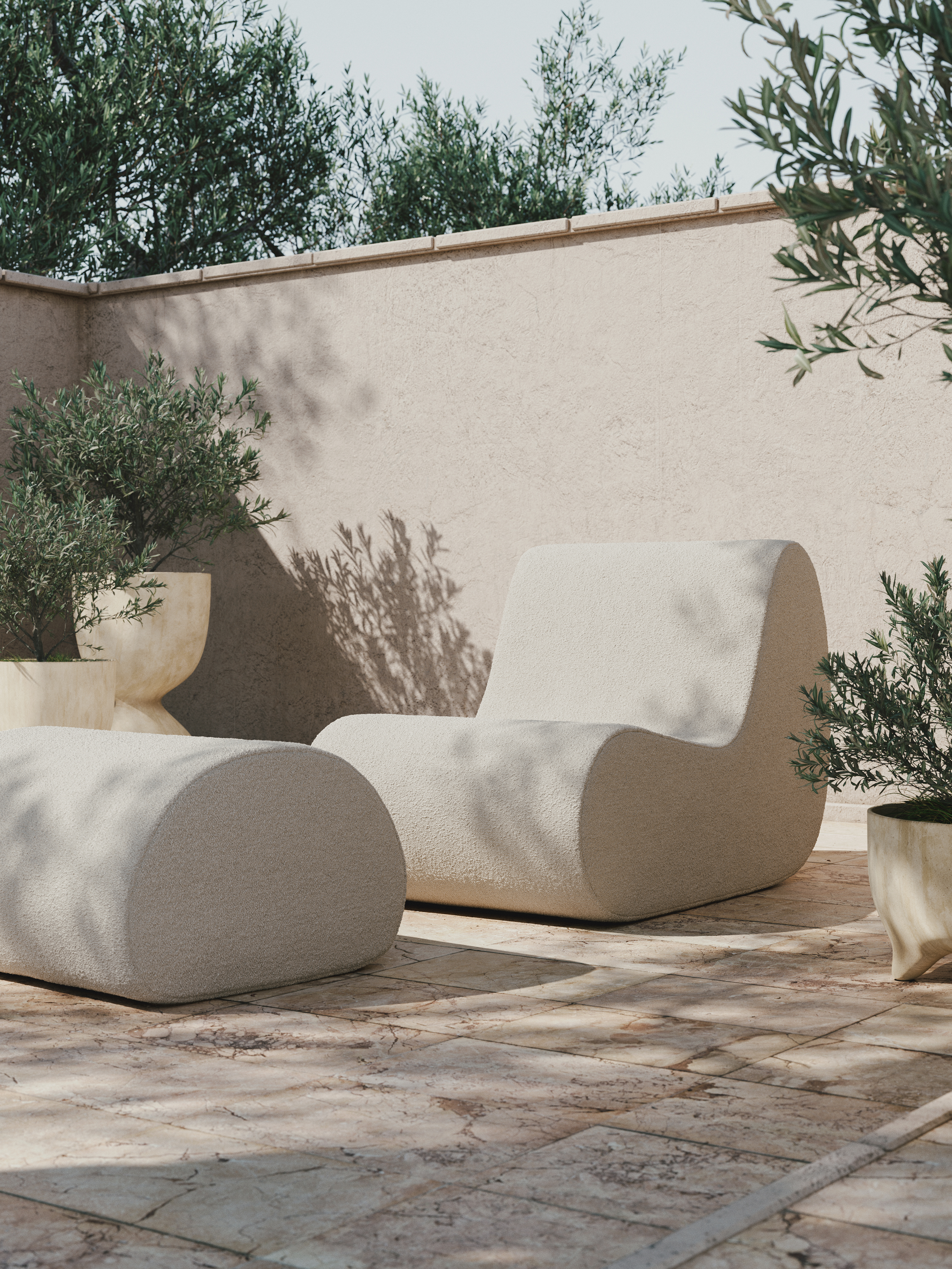 Contemporary outdoor lounge chair with ottoman.