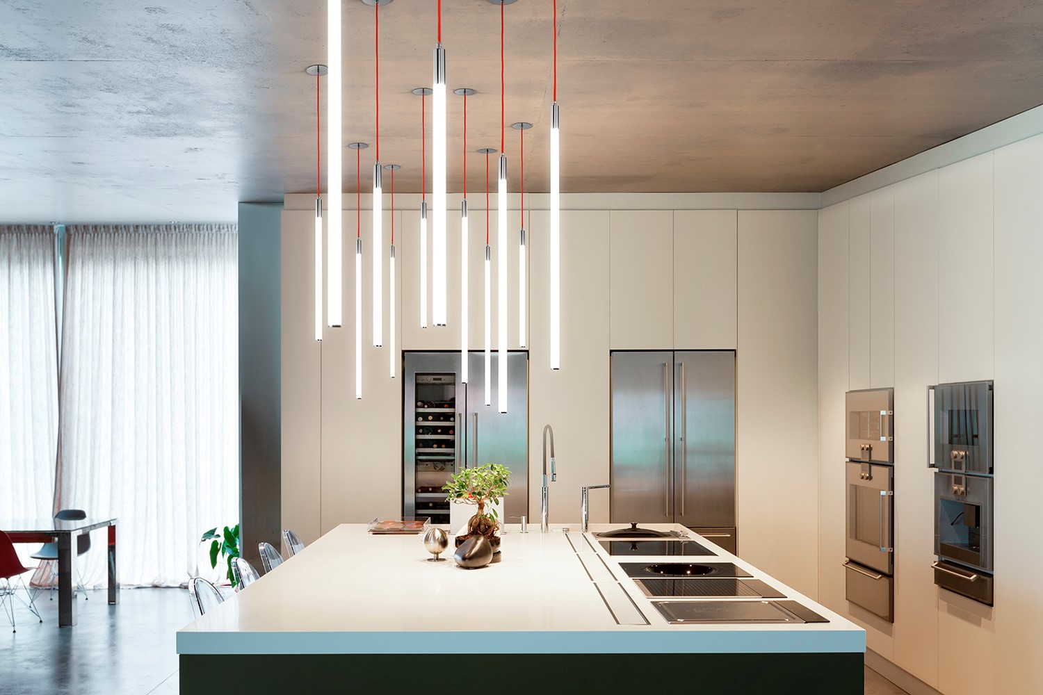 Tubino Single LED Pendants in a modern kitchen.
