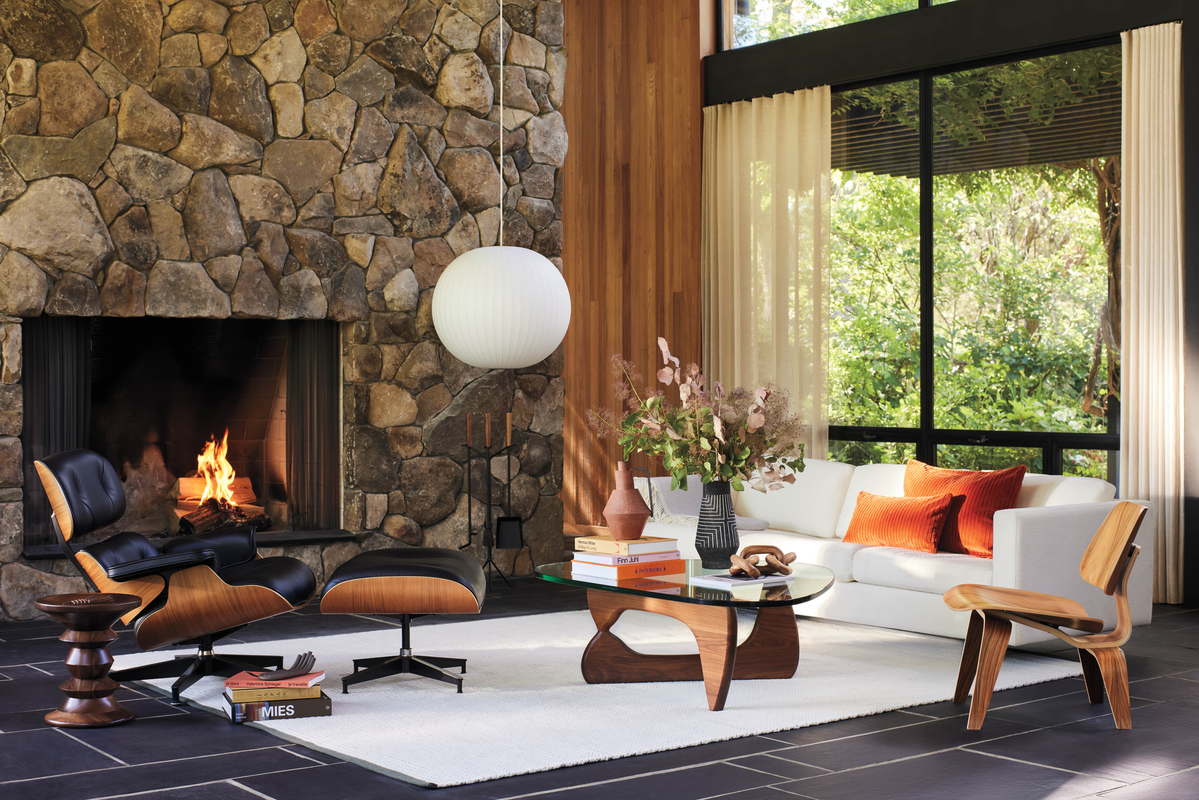 mid century modern living room with fireplace