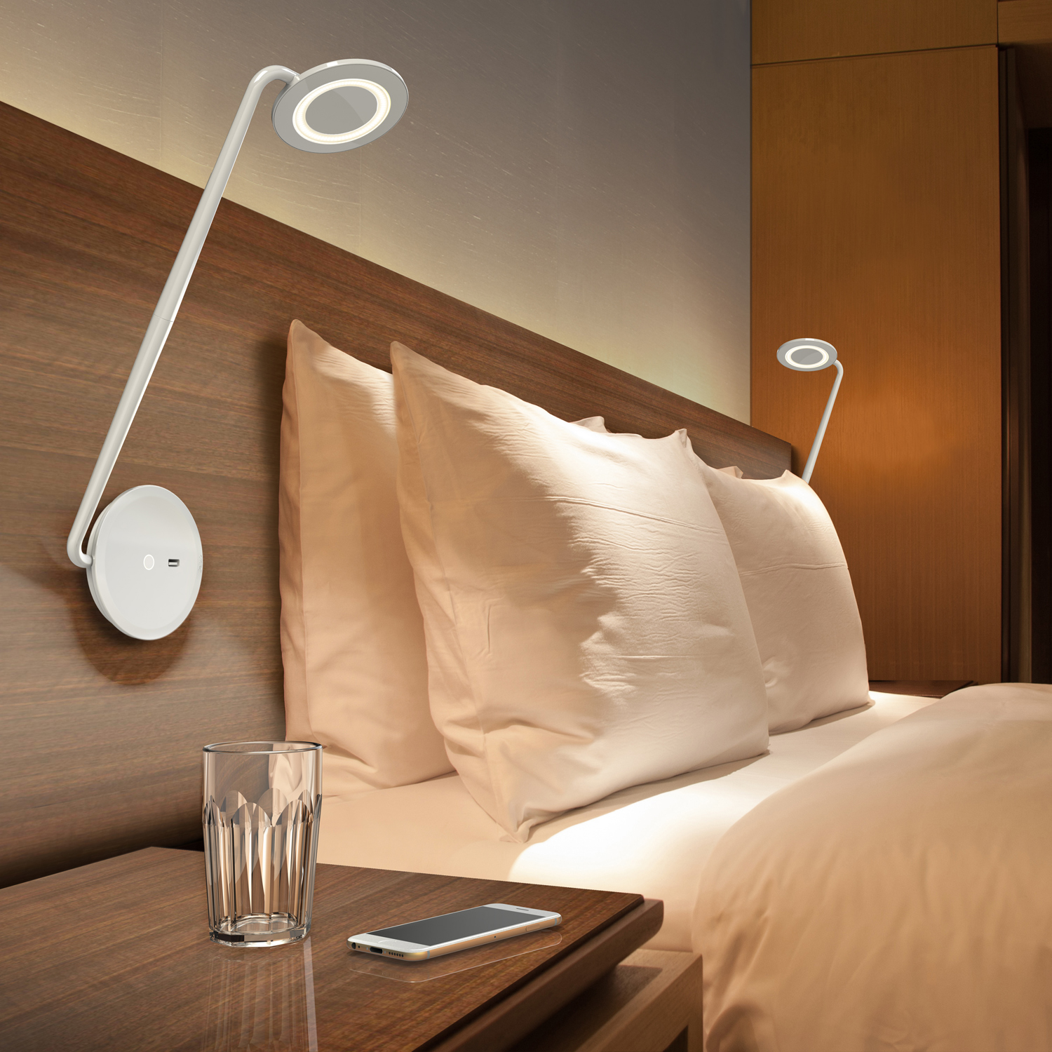Pixo Wall Light attached to headboard for reading lighting.