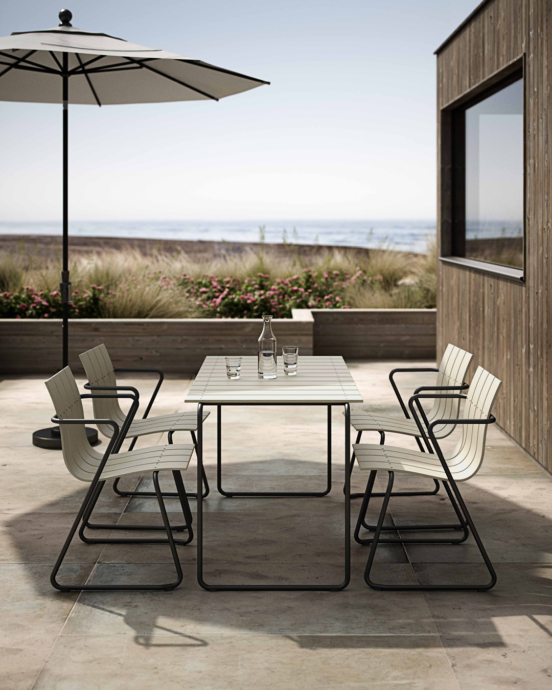 Outdoor eating space with Ocean Collection.