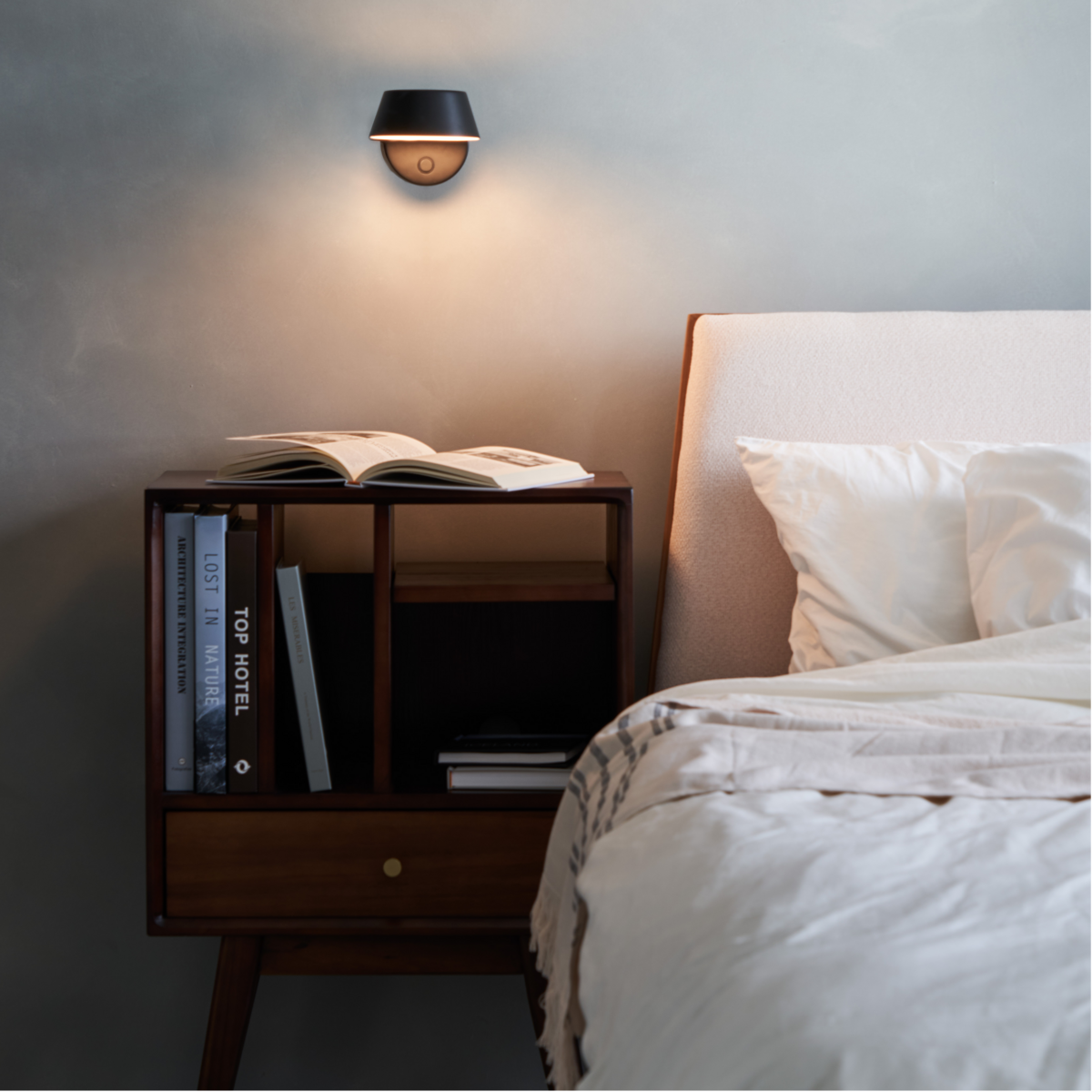 A wall sconce above a nightstand and bed.