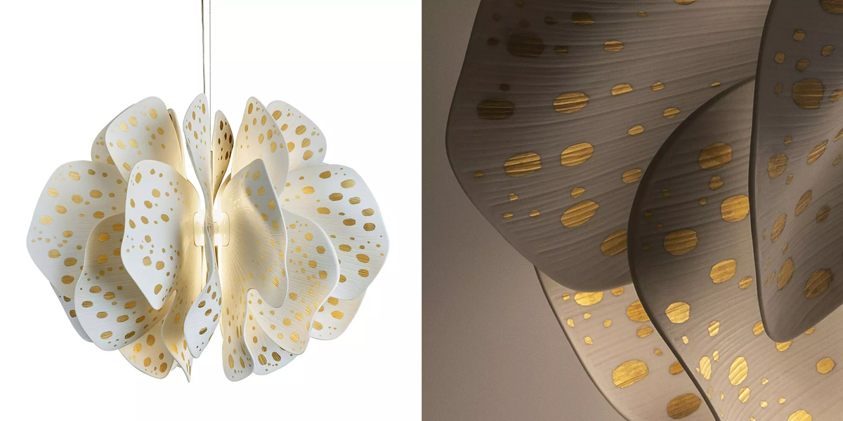 Full and closeup pictures of gold-dotted pendant light