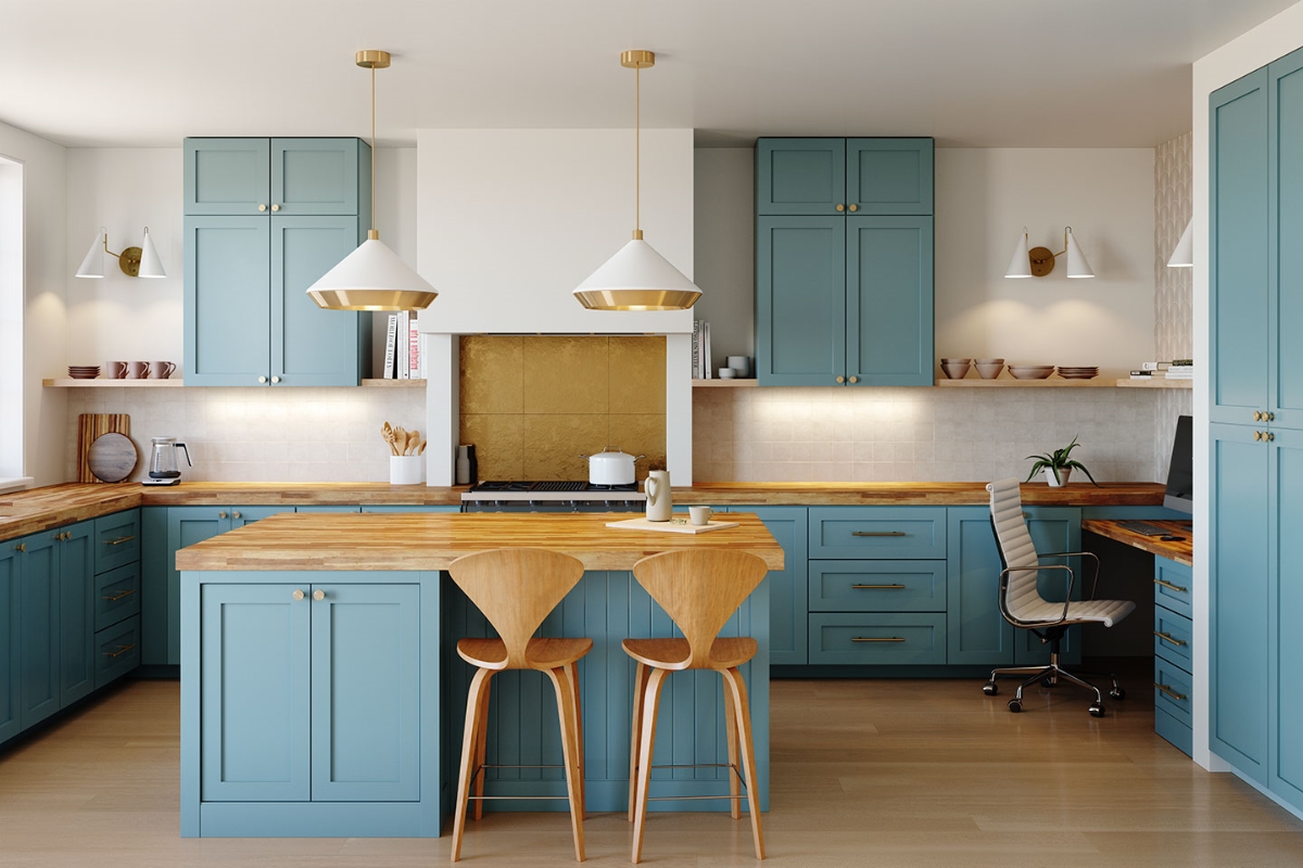 Shear Pendant, Cherner Stool, Clemente Double Wall Sconce, Eames Aluminum Group Management Chair in a kitchen. 