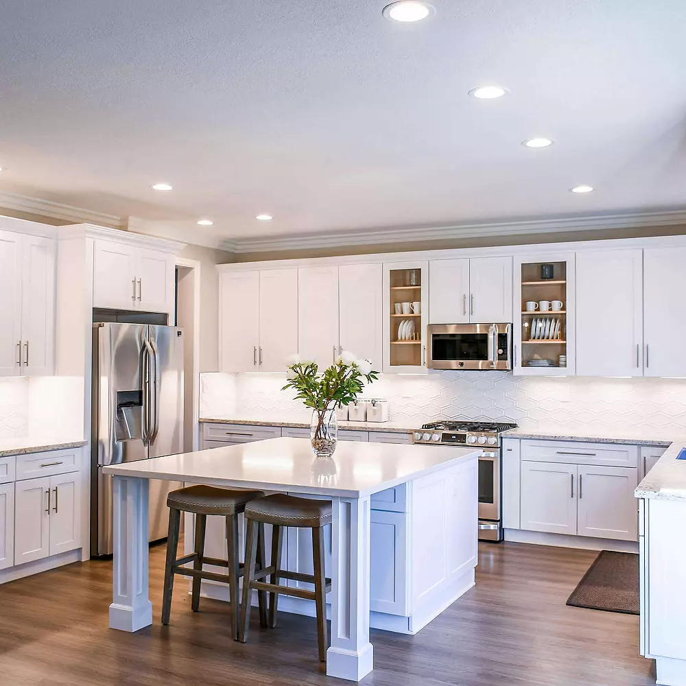 Brightly lit, spacious kitchen.