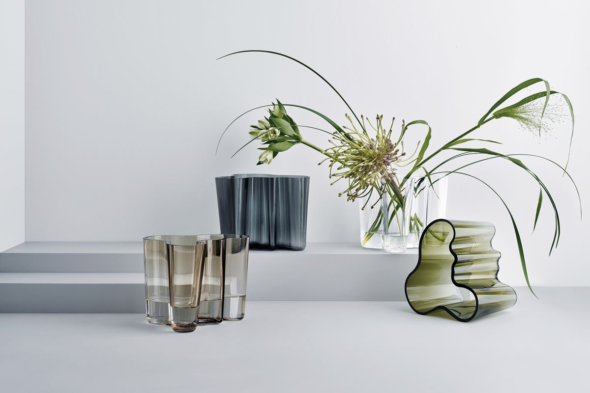 Long leafy plants in littala vase against white backdrop