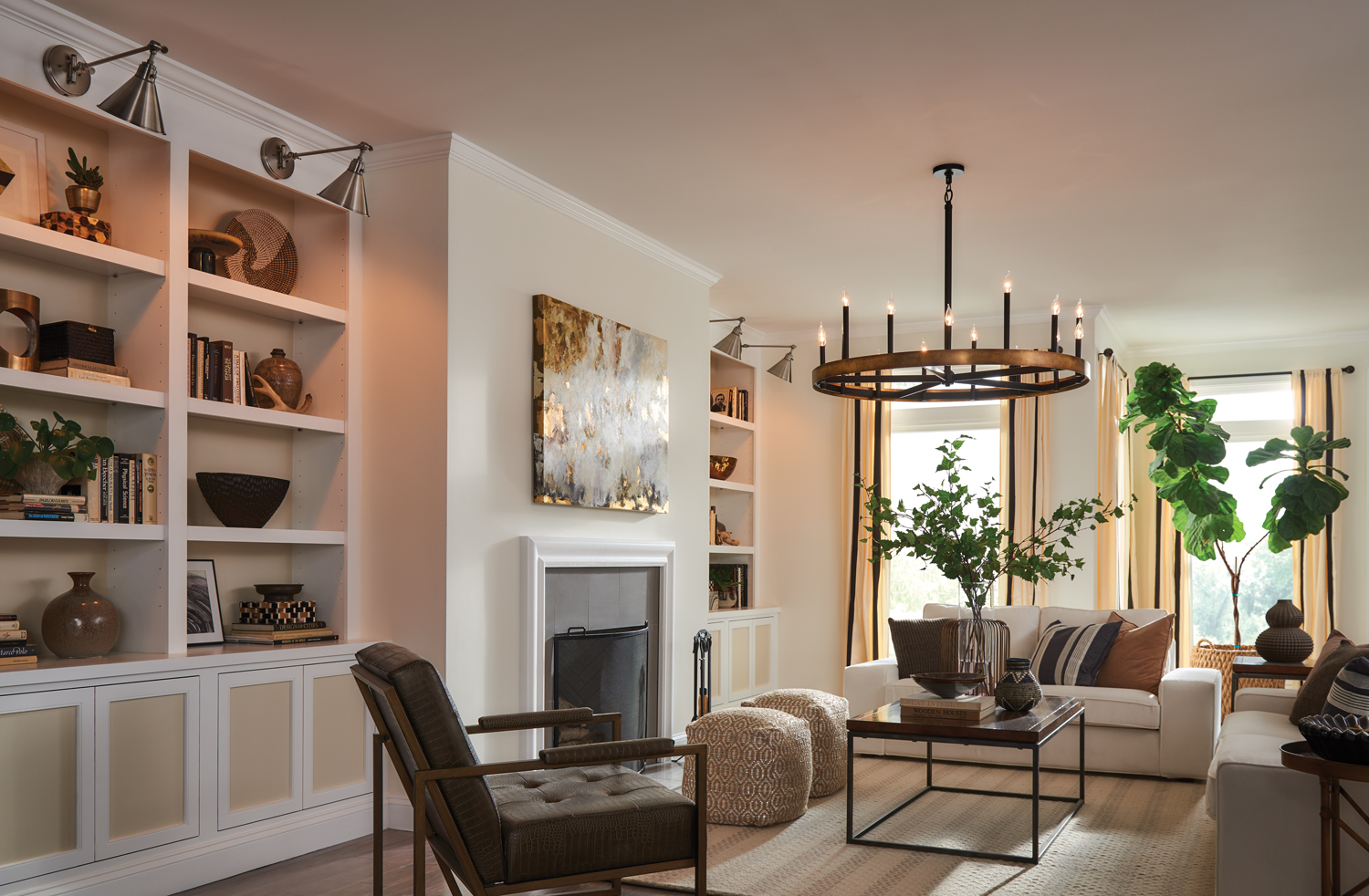 Wells Chandelier and Arti Wall Sconce in a large living space.