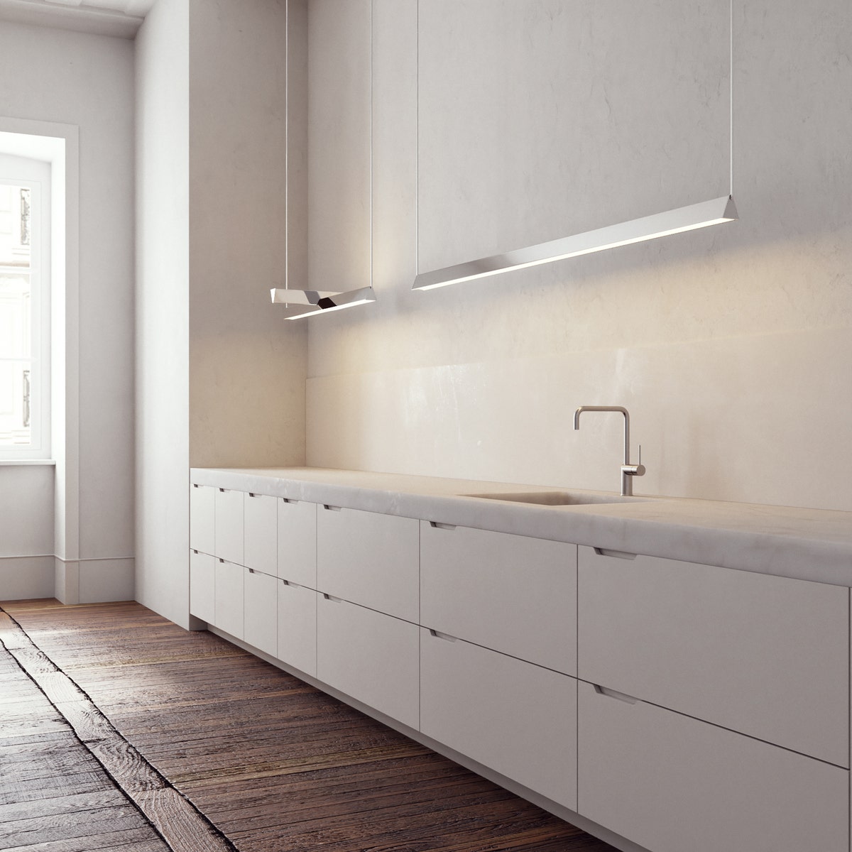 White linear light over a concrete sink