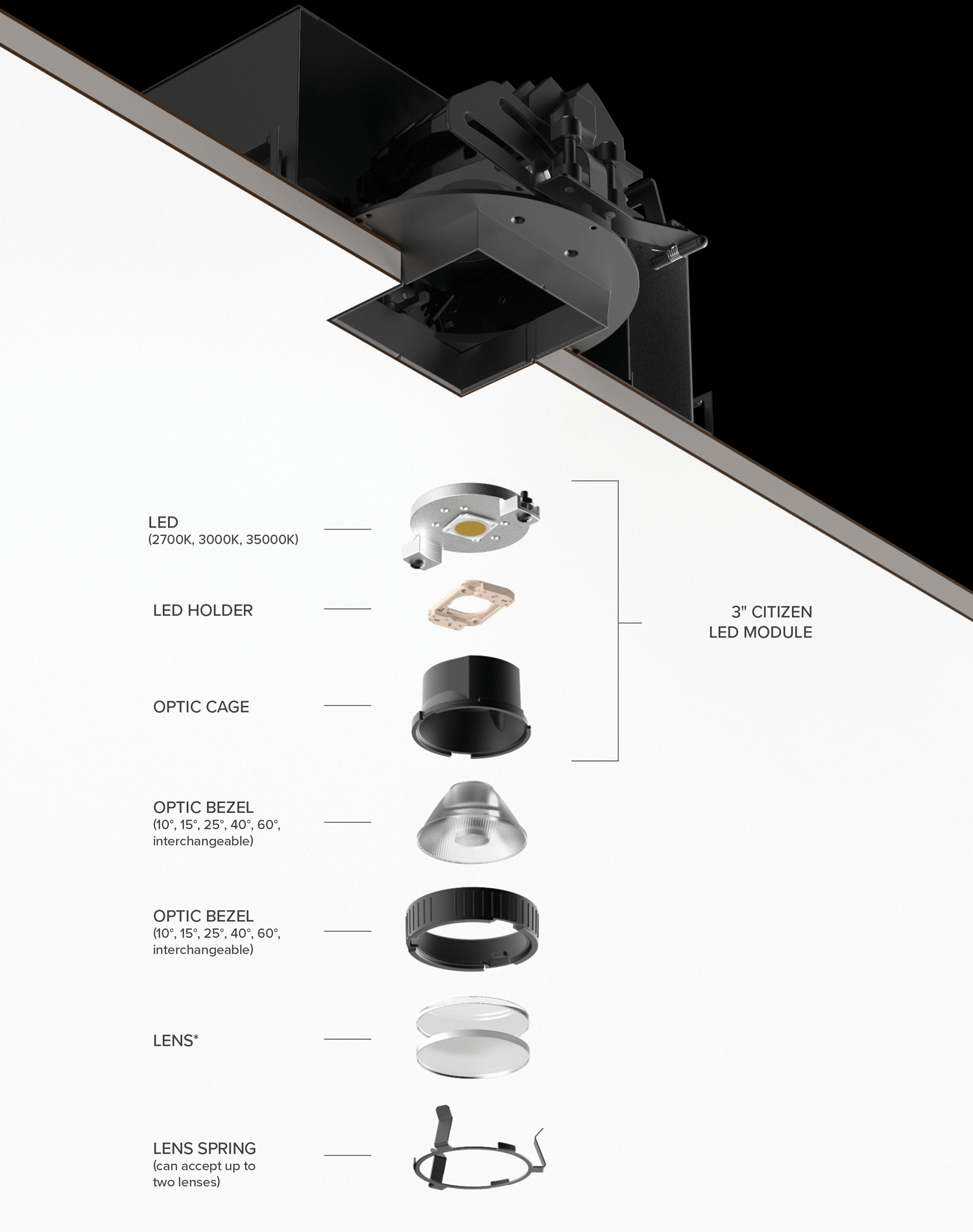 Components of a recessed lighting fixture.