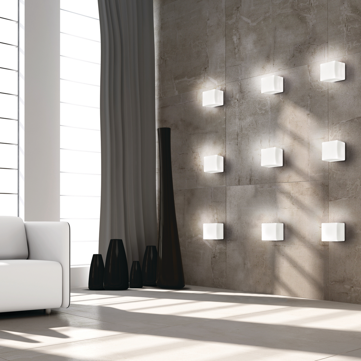 Cubic wall lights arranged in large square against modern wall in minimalist room