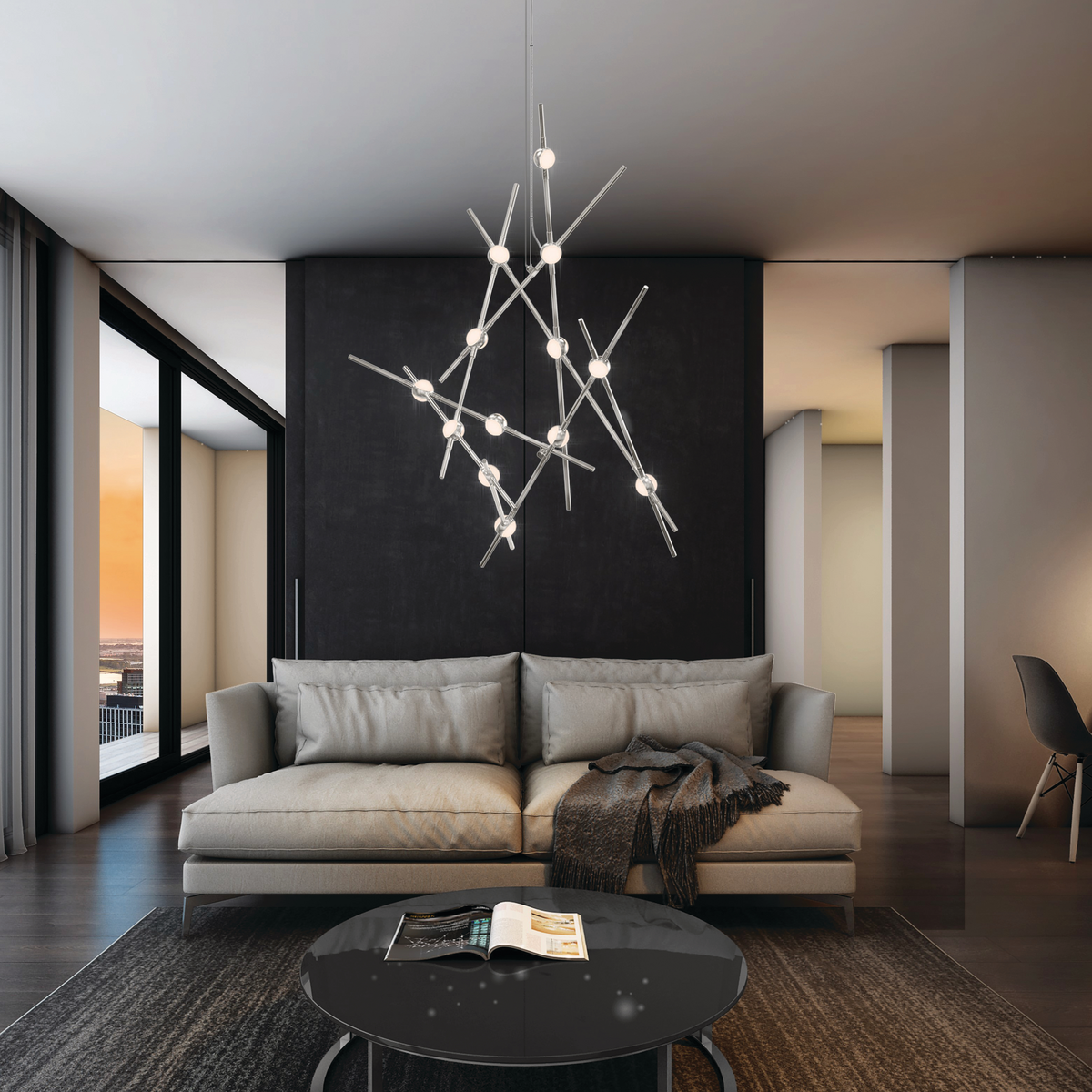 Sputnik-style chandelier light in black and beige living room