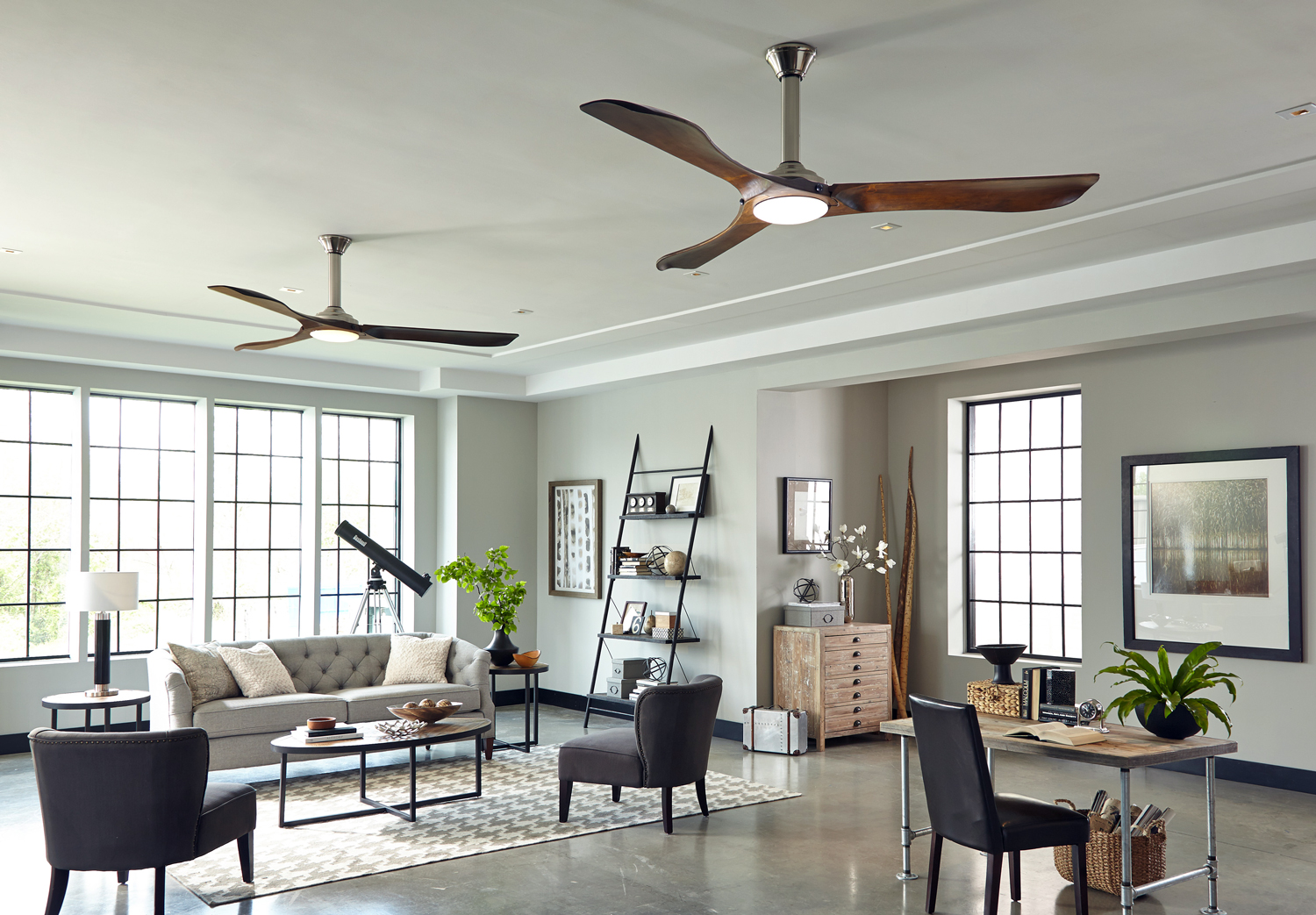 Minimalist Max Ceiling Fans in an open living room.