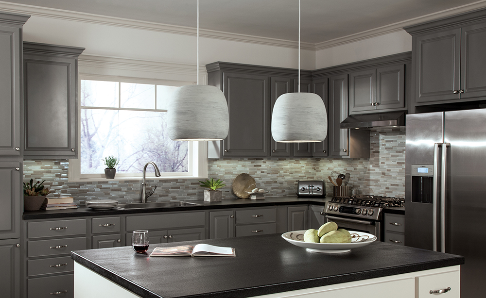 Two Karam Pendants in a modern kitchen.