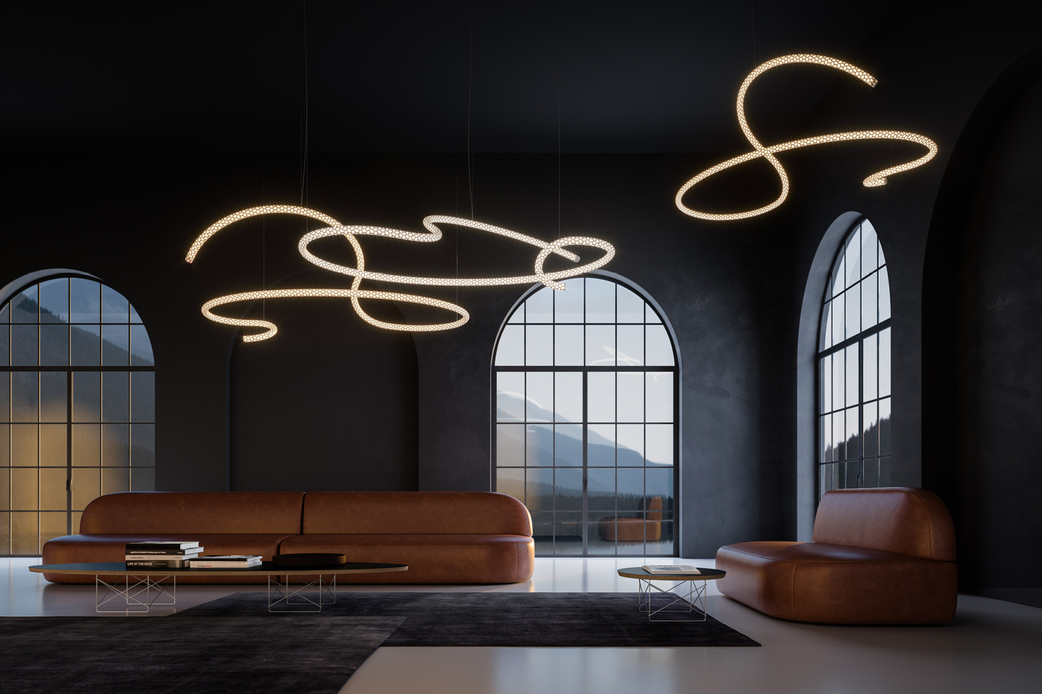 Squiggle LED Chandelier in an open living room.