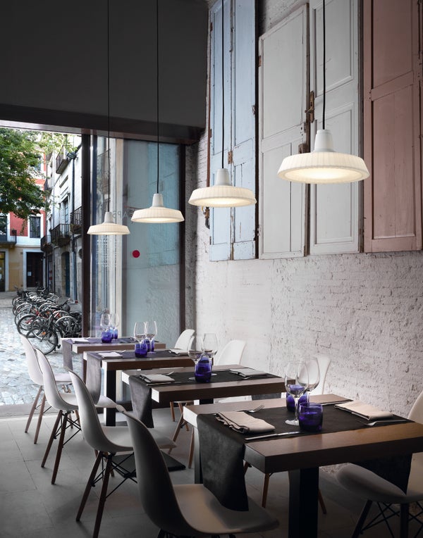 Pendant lights hanging in a cafe