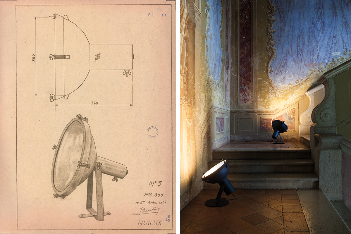 Side by side sketch of lamp and floor lamp shining up on antique walls near staircase