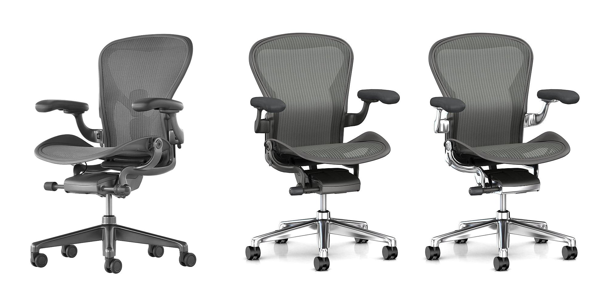 Three Aeron Chairs in different Satin Carbon and Polished Aluminum finishes.