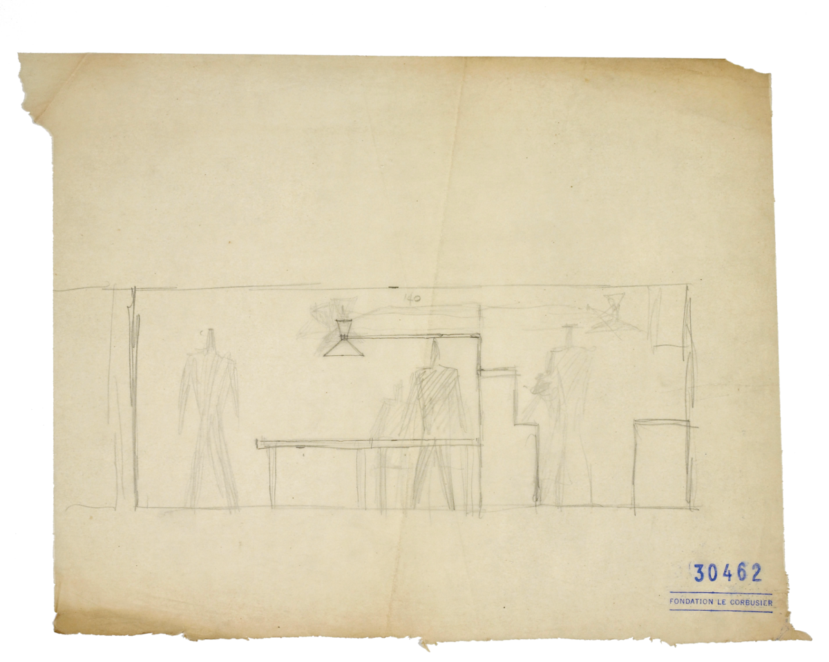 Sketch of light, table, people on old paper