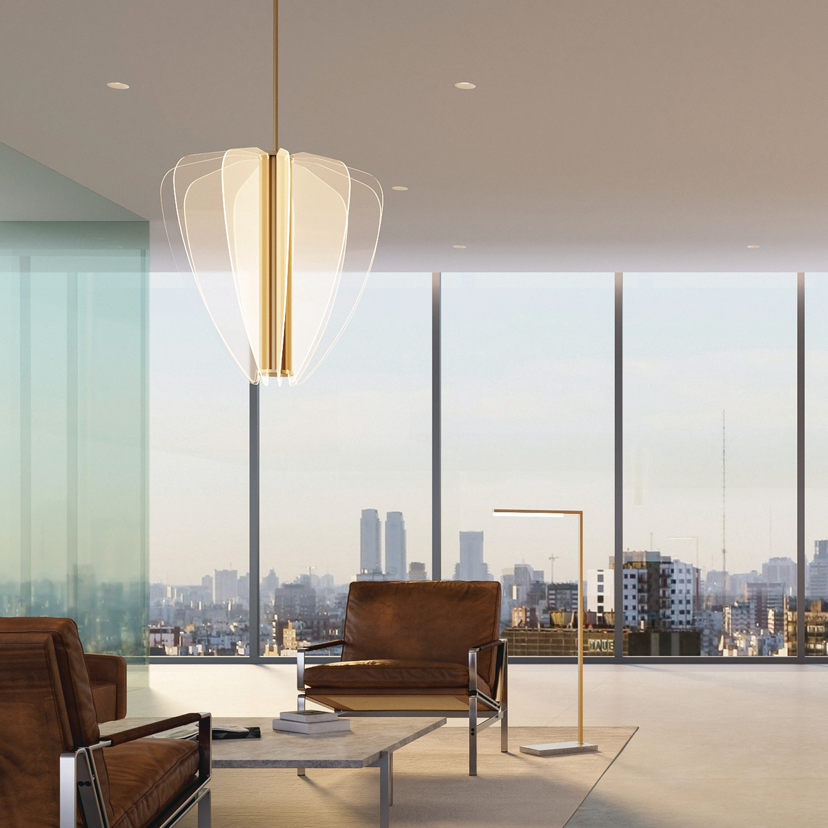 Translucent luminaire in upper level office with skyline view