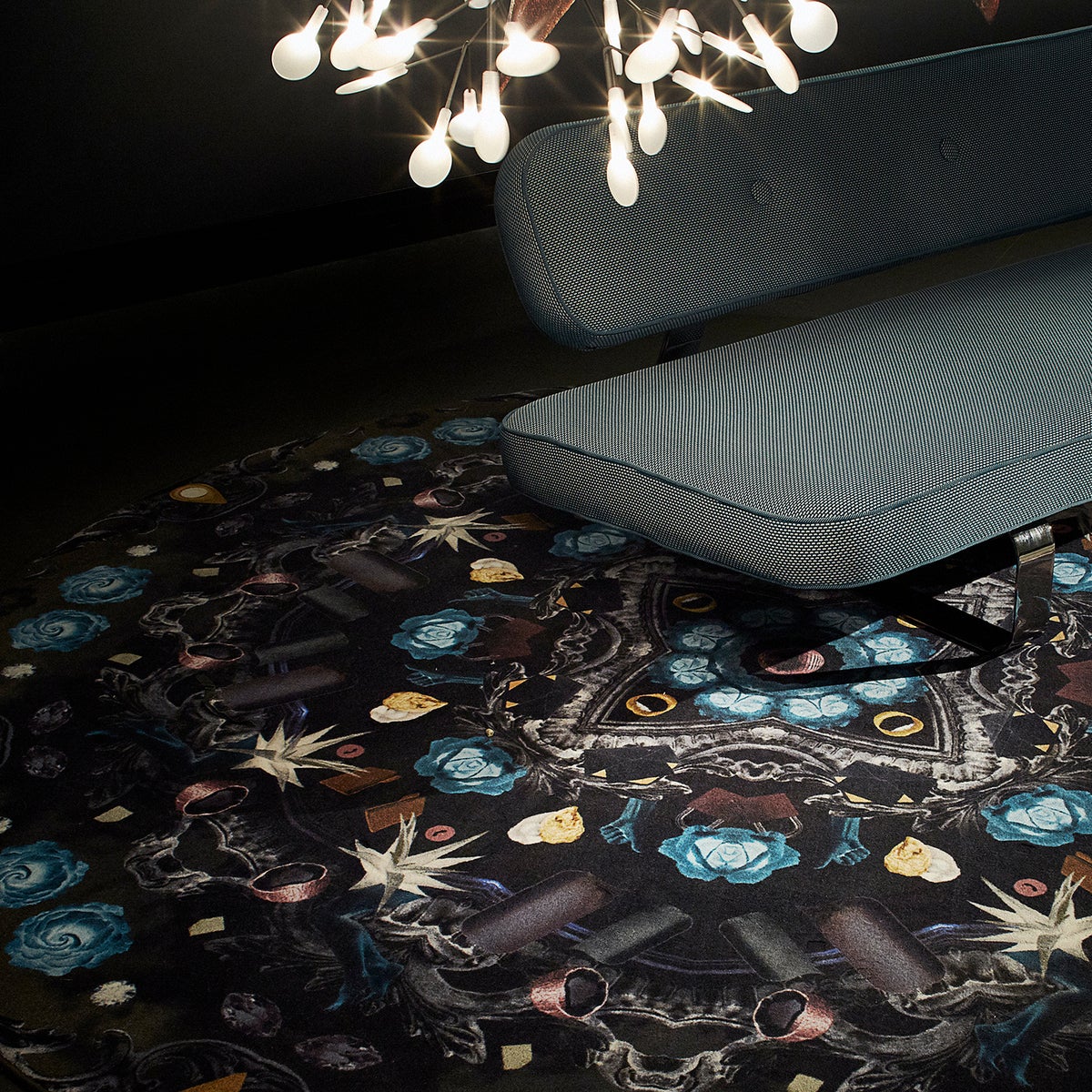 Upclose of dark and moody rug with fairy tale theme