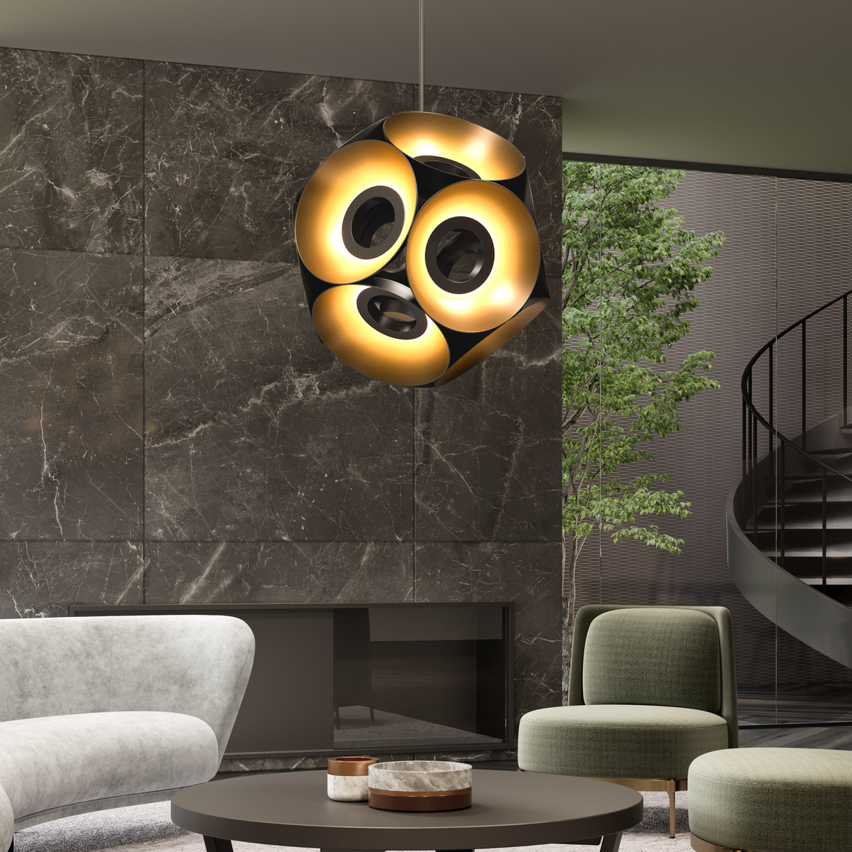 Magellan LED Chandelier above a coffee table.