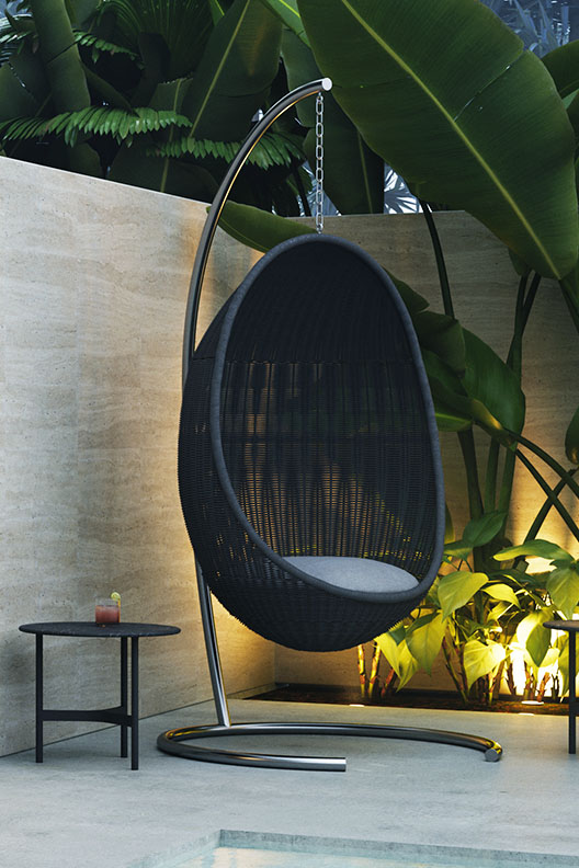 Nanna Ditzel Outdoor Hanging Egg Chair and Stand by Sika Design.