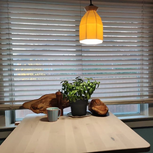 Warm pendant over cozy eating table.