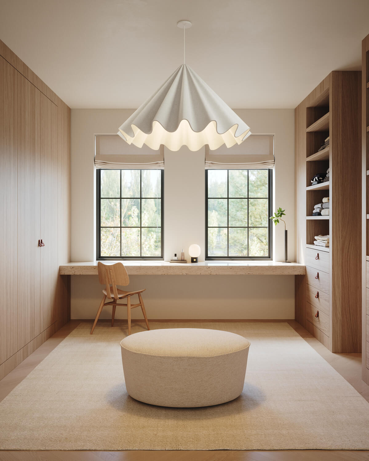 Neutral palette dressing room with white pendant light hanging from center