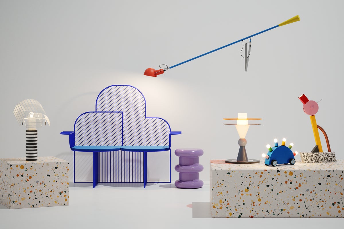 Colorful furniture and lighting against a white backdrop